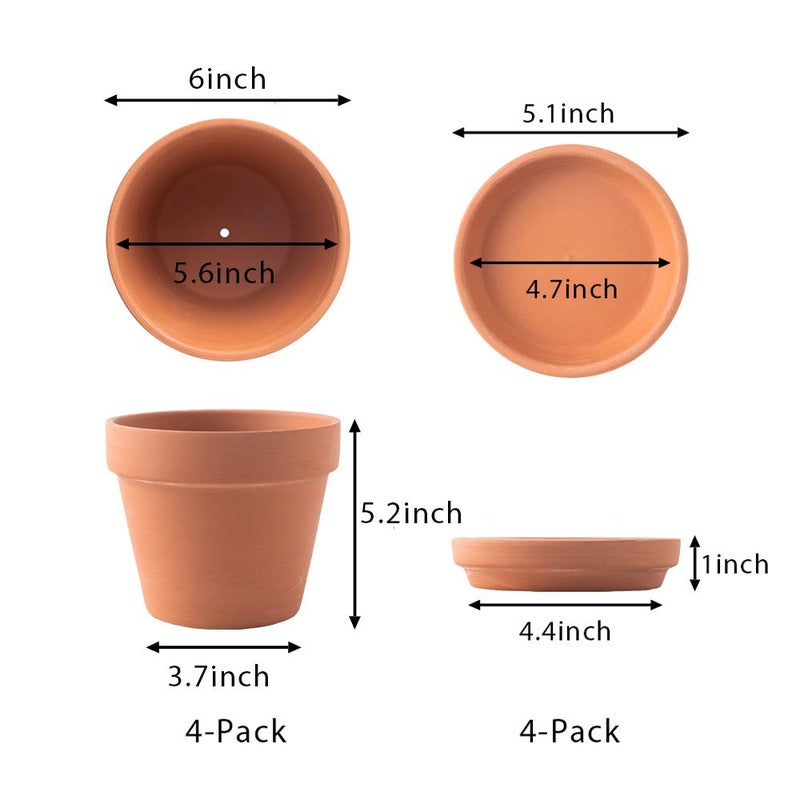 Yishang Large Terra Cotta Pots with Saucer- 4 Pack Large 6'' Terra Cotta Plant Pot with Drainage Hole, Flower Pot with Tray, Terracotta Pot for Indoor Outdoor Plant - Image 2